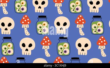 Niedliches nahtloses Halloween-Muster mit Schädel, Fliegenpilz und Glas mit Augäpfeln auf dunkelblauem Hintergrund im flachen Cartoon-Stil. Gruseliges und verspieltes Design Stock Vektor