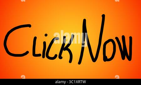 Banner mit orangefarbenem Hintergrund mit der Aufschrift Click Now (jetzt klicken). Abbildung für Websites. Symbol. Wörter Stockfoto