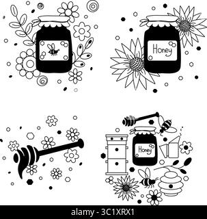 Süße Biene, Honigtopf und Sonnenblumen Honigkomposition Set. Vektorgrafik-Strichdarstellung. Perfekt für Karten, Dekorationen, Aufkleber, Logo, Menü, vari Stock Vektor