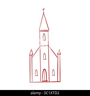 Kirche für die Hochzeit. Einfache lineare handgezeichnete Kritzelillustration in Rot. Kirchenvektorsymbol Stock Vektor