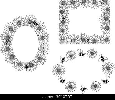 Sonnenblumen und Bienen Honey ovale rechteckige Rahmen-Set. Vektorgrafik-Strichdarstellung. Sonnenblumengrafik für Verpackung, Dekor. Blütenblatt Rahmen,b Stock Vektor