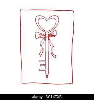Schlüssel mit Schleife im Rahmen. Romantische Doodle-Illustration. Vektor-Illustration für Hochzeit, Valentinstag. Accessoires für Mädchen. Symbol in roter Farbe Stock Vektor