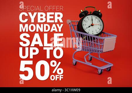 Cyber Monday Sale 50% Promotion und Marketing mit Einkaufswagen und Wecker auf rotem Hintergrund Stockfoto