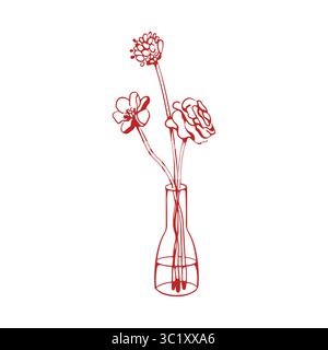 Blumenstrauß in einer Vase. 3 Blumen in einer Glasvase einfache Illustration im Doodle-Stil. Flaches Design. Vektorabbildung in roter Farbe Stock Vektor