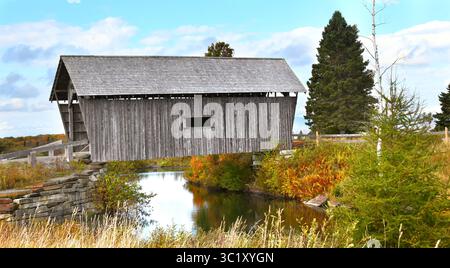 Die historische überdachte Brücke erstreckt sich über einen kleinen Teich und ist aus verwittertem Holz gebaut. Es befindet sich in Cabot, Vermont. Der Herbst erscheint in Laub aro Stockfoto