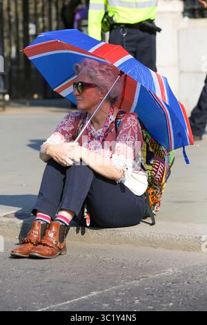 29. März 2019 - London, Vereinigtes Königreich - Eine Frau sitzt während des Protestes vor dem House of Parliament mit einem Schirm der Union Jack. Verlassen Sie Aktivisten protestieren gegen die Verzögerung des Brexit, an dem Tag, an dem Großbritannien die Europäische Union verlassen sollte. Der Brexit-Deal der britischen Premierministerin Theresa Mayâ wurde zum dritten Mal mit 58 Stimmen besiegt. (Kreditbild: © Dinendra Haria/SOPA Images via ZUMA Wire) Stockfoto