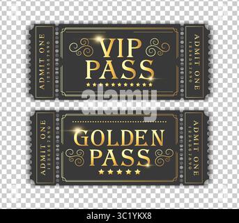 VIP-Pass- und Golden Pass-Vorlagen. Geeignet für Festival, Kino, Theater, Konzert, Casino, Zirkus, Eintrittskarten für Veranstaltungen. Vektorabbildung Stock Vektor