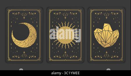 Goldene Tarotkarten mit kristallklaren himmlischen Symbolen. Magisches esoterisches Tarot-Deck-Set. Vektorabbildung Stock Vektor