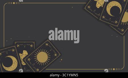 Vektorvorlage mit magischen Tarotkarten. Himmlisches Wahrsagungsbanner mit leerem Platz für Text Stock Vektor