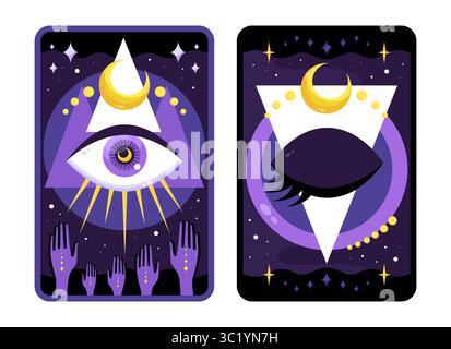 Modernes himmlisches Tarot-Kartendesign mit heiligem Allsehauge. Rückseite des Tarot-Daches mit einem magischen Auge. Vektorabbildung Stock Vektor