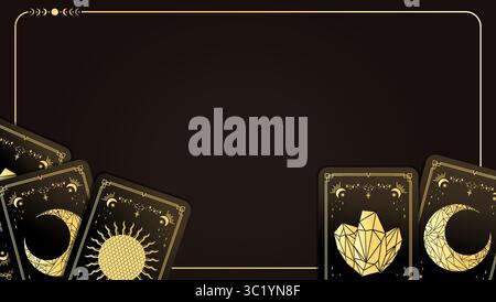 Vektor-Tarot-Banner. Himmlischer Wahrsagungshintergrund mit leerem Platz für Text. Vorlage mit goldenen magischen Tarotkarten Stock Vektor