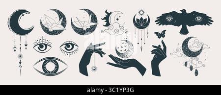 Vektorsammlung himmlischer magischer Elemente. Magisches alles sehendes Auge, kristallklarer Mondsichel, magische Hände. Mystische Embleme, Raumelemente Stock Vektor