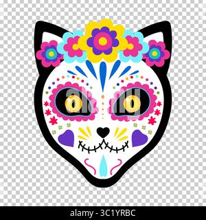 Katzengesicht mit einem hellen Make-up aus Zuckerschädel und Blumenkranz. Katzenkopf-Zuckerschädel isoliert auf transparentem Hintergrund. Tag der Toten. Durchm Stock Vektor