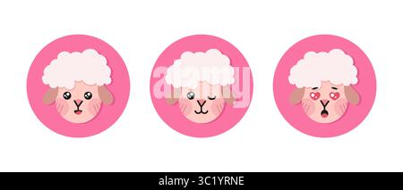 Niedliche runde Zeichentrickfiguren mit Schafen. Symbole für Lamm flach. Vektorabbildung Stock Vektor