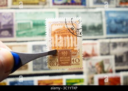 Nahaufnahme eines Mannes, der Briefmarke mit Pinzette hält Stockfoto