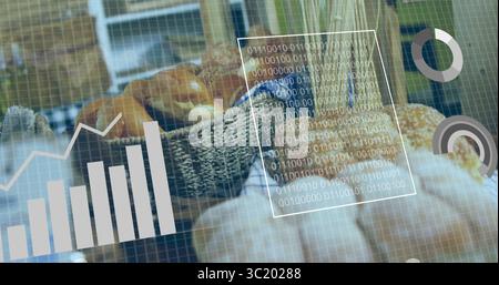 Zeigt Korb mit verschiedenen Brötchen auf der Backstube, mit digitaler Überlagerung Stockfoto