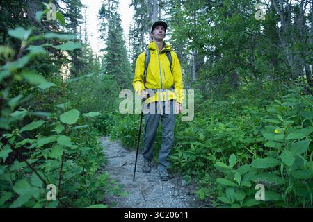 Männlicher Wanderer, der auf einem felsigen Waldweg steht, in gelber Regenjacke mit Rucksack, Stiefeln, Trekkingstöcken Stockfoto