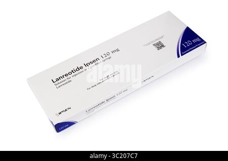 Packung mit einer Fertigspritze mit Lanreotidlösung. Lanreotid zur Bekämpfung neuroendokriner Tumoren Stockfoto