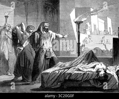 Illustration des Todes des Pharoah Erstgeborenen während der zehn Plagen Ägyptens (Exodus) aus dem antiken 19. Jahrhundert die Heilige Bibel enthält die Stockfoto