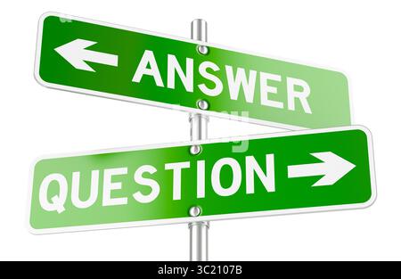 Grüne Richtungspfeile für Fragen und Antworten, Straßenschilder. 3D-Rendering isoliert auf weißem Hintergrund Stockfoto