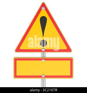 Gelbes dreieckiges Warnschild mit Ausrufezeichen und leerem rechteckigem Schild unten. 3D-Rendering isoliert auf weißem Hintergrund Stockfoto