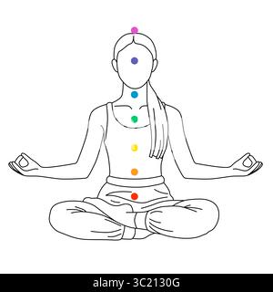 Chakras-Lokalisation im Körper. Silhouette der Frau in Lotusposition auf weißem Hintergrund, Illustration Stockfoto