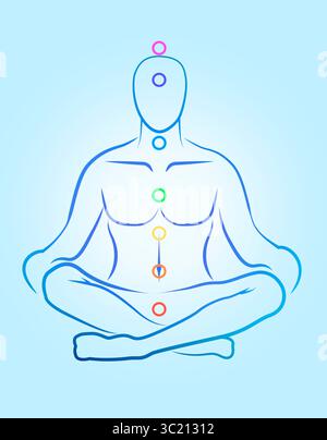 Chakras-Lokalisation im Körper. Silhouette des Menschen in Lotusposition auf hellblauem Hintergrund, Illustration Stockfoto