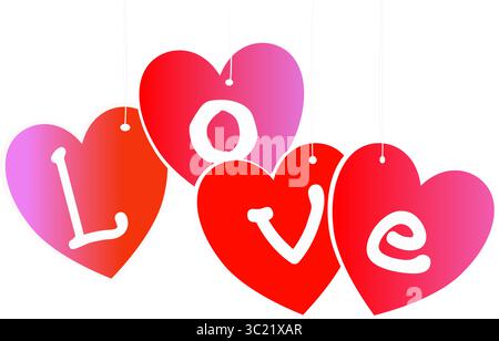 Hängende Herzetiketten auf transparentem Hintergrund mit dem Wort Liebe darauf. Dekoration für eine Hochzeit oder valentinstag Stock Vektor