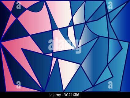 Abstraktes geometrisches Design mit einem Mosaik aus scharfen, kantigen Formen in Blau- und Rosa-Tönen. Die Komposition ist durch fett gezeichnete, dunkle Linien unterteilt Stock Vektor