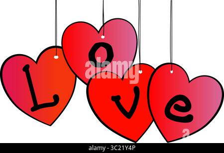 Hängende Herzetiketten auf transparentem Hintergrund mit dem Wort Liebe darauf. Dekoration für eine Hochzeit oder valentinstag Stock Vektor