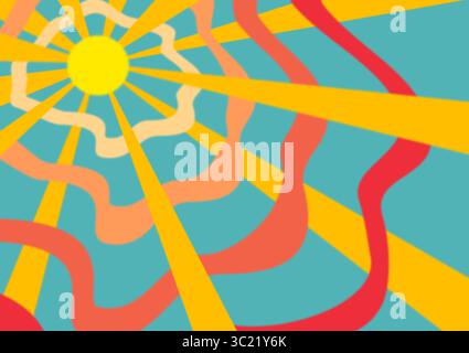 Abstraktes Design mit auffälligen, wellenförmigen Linien, die von einem zentralen gelben Kreis ausstrahlen und an die Sonne erinnern. Der Stil erinnert an psychedelische Kunst der 1970er Jahre Stock Vektor