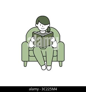 Frau, die bequem ein Buch liest, während sie in einem gemütlichen Stuhl sitzt, symbolisiert Freizeit Stock Vektor