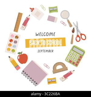 Zurück in die Schule kritzeln Elemente. Hintergrundinformationen zu Verbrauchsmaterialien. Illustration zum Schulbedarf. Schreibwaren Stock Vektor