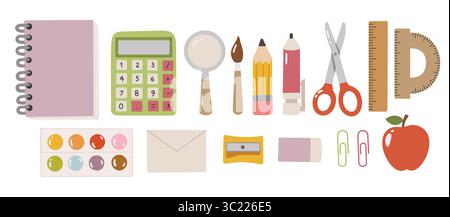 Zurück in die Schule kritzeln Elemente. Hintergrundinformationen zu Verbrauchsmaterialien. Illustration zum Schulbedarf. Schreibwaren Stock Vektor