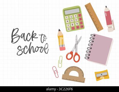 Zurück in die Schule kritzeln Elemente. Hintergrundinformationen zu Verbrauchsmaterialien. Illustration zum Schulbedarf. Schreibwaren Stock Vektor