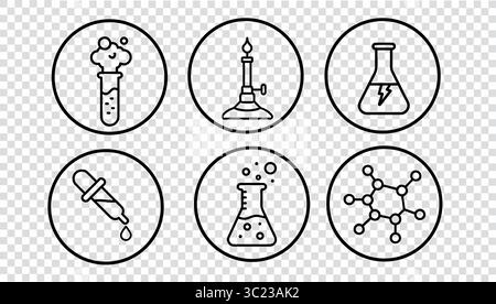 Sammlung von Symbolen für wissenschaftliche Laborgeräte. Chemie Experiment Instrument Set Line Art. Laboratoriumsforschungsausbildung medizinische Pharmazie. Einfache Umrisse Stock Vektor