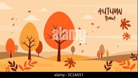 Herbstzeit. Herbstliche Landschaft mit Bäumen und herabfallenden Blättern. Minimaler flacher Fall horizontaler Hintergrund. Vektorabbildung. Perfekt für die Saison Stock Vektor