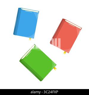 Drei bunte Bücher. Grün, rot und blau auf weißem Hintergrund. Vektorillustration für pädagogische Entwürfe, Schulkonzepte und Kinderprojekte Stock Vektor