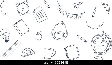 Set Schulbedarf im Umrissstil: Rucksack, Uhr, Globus, Flaggengirlande, Bücher, Glühbirne, Lineale und Farbstifte. Vektorillustration auf weißem Hintergrund Stock Vektor