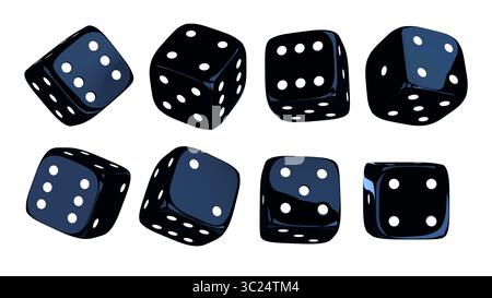 Dunkelblaue Würfel auf isoliertem Hintergrund. Zufällige rollende Würfelwürfel. Hochglanzwürfel für Glücksspiele. 3D-Rendering Stockfoto