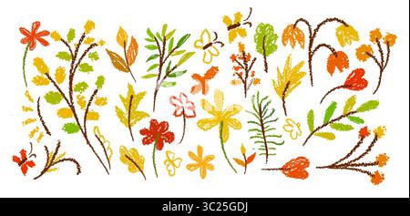 Herbstblumen und Blätter in Kreide. Handgezeichnet. Nicht AI, Vektorillustration Stock Vektor