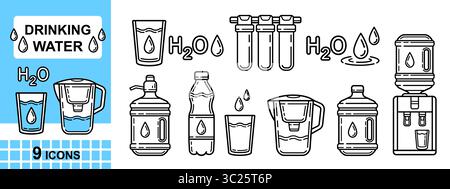 Wasser-H2O-Trinkflasche, flüssiges Aqua-Trinkwasser saubere Filtration, Kunststoff-Gallonenkühler-Spender, Kannenfilter, Glas. Symbolgruppe für die Lebensmittellinie für Mineralgetränke Stock Vektor