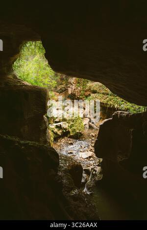 Ein Blick aus dem Inneren einer Höhle mit Blick auf einen üppigen, grünen Wald mit einem kleinen Bach, der von charco azul puerto rico durch Felsen fließt Stockfoto
