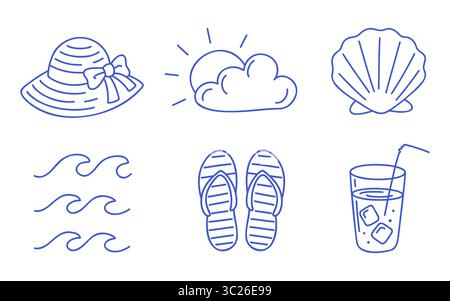 Set aus Essentials für den Strand und Sommerelementen. Blaue Linien-Vektorsymbole auf weißem Hintergrund. Stock Vektor
