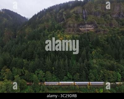 7. Oktober 2016 – Cascade Locks, Oregon, USA – aus der Vogelperspektive eines Zuges, der durch den Wald in Oregon, USA, fährt. (Foto: © Amazing Aerial Via ZUMA Wire) Stockfoto
