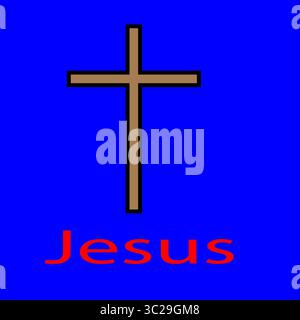 Christliches Kreuz. Braune Kreuzform. Jesus Text rot. Vektor-religiöses Emblem. Stock Vektor