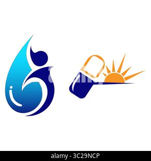 Wassertropfensymbol. Menschliche Figur Vektor. Sonnenaufgangssymbol. Hydratation Concept Grafik. Stock Vektor