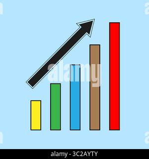 Erfolgsdiagramm für Wachstum. Schwarzer Pfeil nach oben. Farbige Balkendaten. Vektor-Geschäftsdiagramm. Stock Vektor