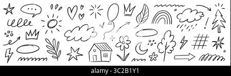 Herz Kreide Bleistift Skizzen Set. Hand gezeichnetes Kind Kritzelpfeil, Wolke, Blume Kinder Pastellelement. Kindliches Kreideherz, Zeichenstift-Textur. Vektorabbildung Stock Vektor