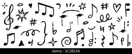 Notensymbol-Vektor-Kritzelsatz. Handgezeichnete Notennotiz, Tonsymbol, Melodiebild im Sketch-Stil mit Kreidekreiden. Retro-Pastell-Buntstift-Textur, verspielte Sticker-Elemente im Hintergrund. Vektorabbildung Stock Vektor